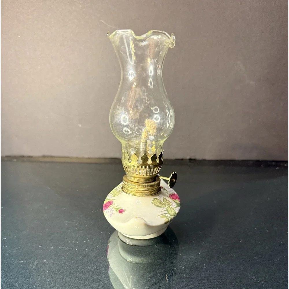 Vintage‎ Miniature Porcelain Oil Lamp w/ Roses Floral Design 6.75